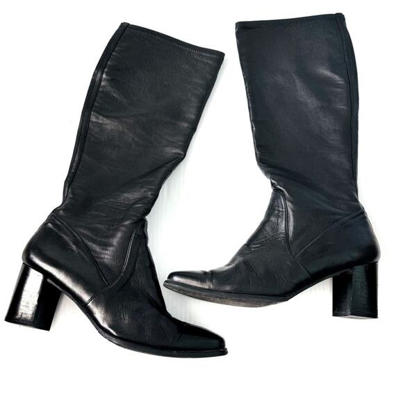 Stuart Weitzman leather knee high pull on heeled boots black size 9.5 - Picture 1 of 17